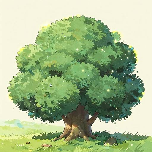 Digital illustration of a lush, green tree with dense foliage, sunlight filtering through, and small sparkles, standing on grassy ground.