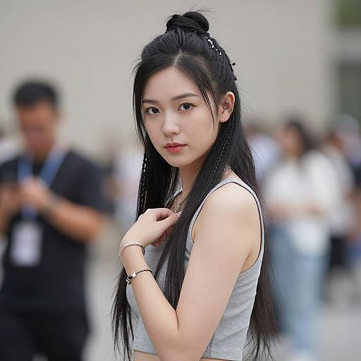 Photograph of an Asian woman with long black hair in a bun, wearing a gray crop top, standing outdoors, blurred background, people around.