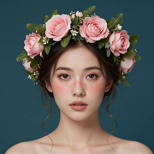 Photograph of a fair-skinned, young woman with pink rose crown, dark hair, and pink blush, against a blue background.