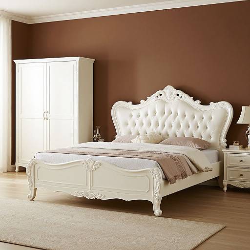 Elegant bedroom photograph: white, ornate, tufted bed against dark brown wall, white wardrobe, wooden floor, beige rug, white night
