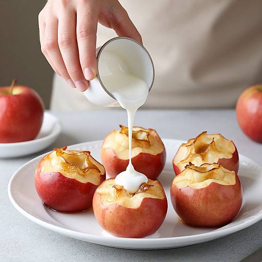 Woman Drizzling Yogurt on Baked Apples