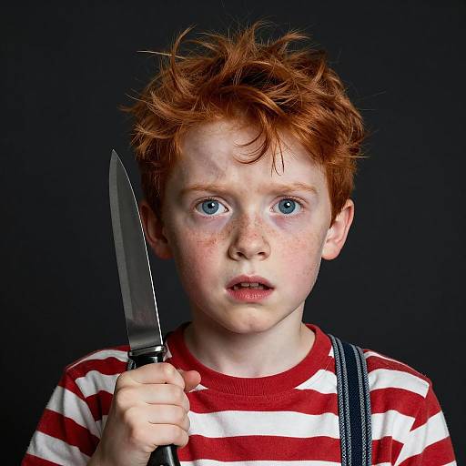 Terrified Child with Knife in Shadows