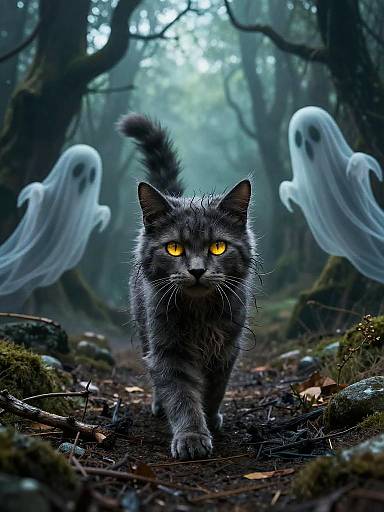 Digital illustration of a fierce gray cat with glowing yellow eyes walking through a foggy forest, flanked by two translucent ghost figures.
