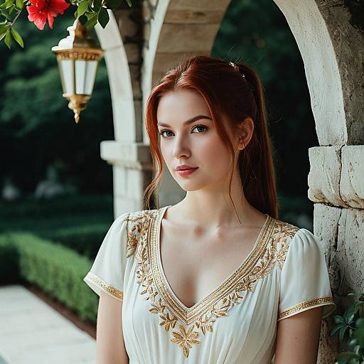 Elegant Woman in Gold-Embroidered Dress