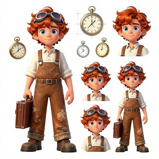 Digital cartoon of a red-haired boy with goggles, blue eyes, brown overalls, white shirt, holding a briefcase, surrounded by clocks.