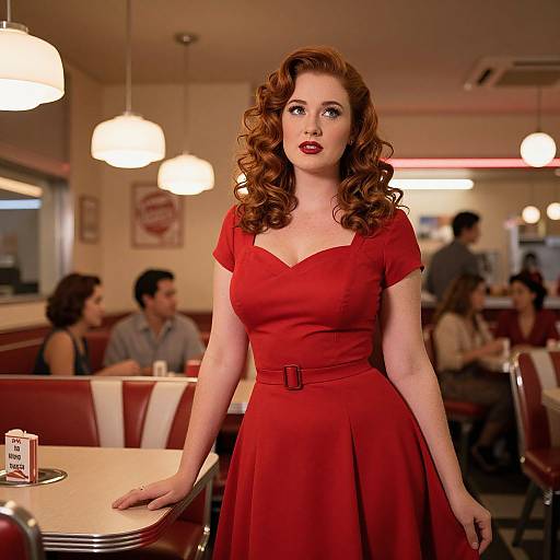 Photograph of a fair-skinned, red-haired woman in a 1950s-style red dress standing in a retro diner, with blurred patrons and