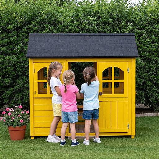 Three young girls in colorful clothes stand in front of a bright yellow playhouse with a black roof, against lush green hedges. Photograph.