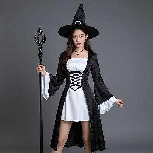 Photograph of an Asian woman in a black witch hat and black and white witch costume holding a trident against a gray background.
