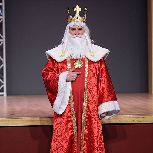 Photograph of a man in a red, gold-embroidered royal robe with white fur trim, white beard, and gold crown, standing on