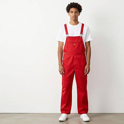 Photograph of a young Black man with short, curly hair, wearing a white t-shirt and red overalls with white sneakers, standing against a plain