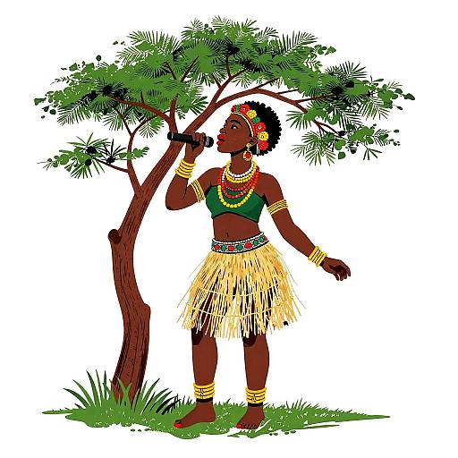 Colorful illustration of a dark-skinned African woman with red headband, green top, yellow grass skirt, gold jewelry, standing beside a tree.