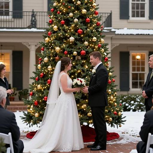Photograph of a bride and groom exchanging vows in front of a decorated Christmas tree, in a snowy outdoor setting.