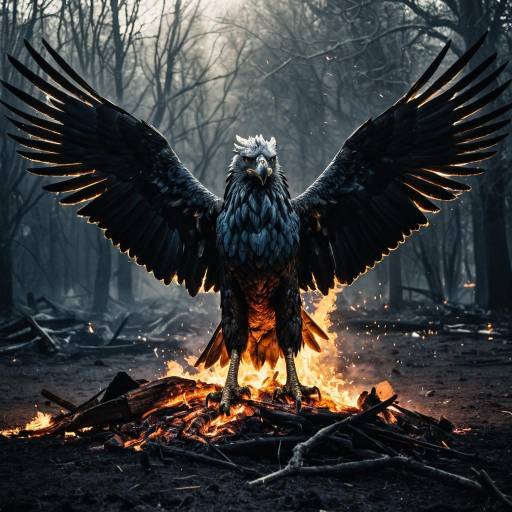 Griffin Rising from Flames in Dark Forest