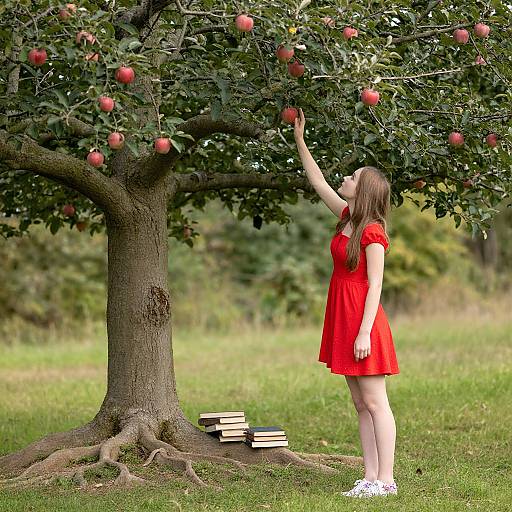 Photograph of a young girl in a red dress, reaching for apples on a tree, with a stack of books at its base.