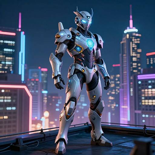 CGI image of a white, glowing blue-eyed, humanoid robot standing on a rooftop at night, with a neon-lit cityscape in the background