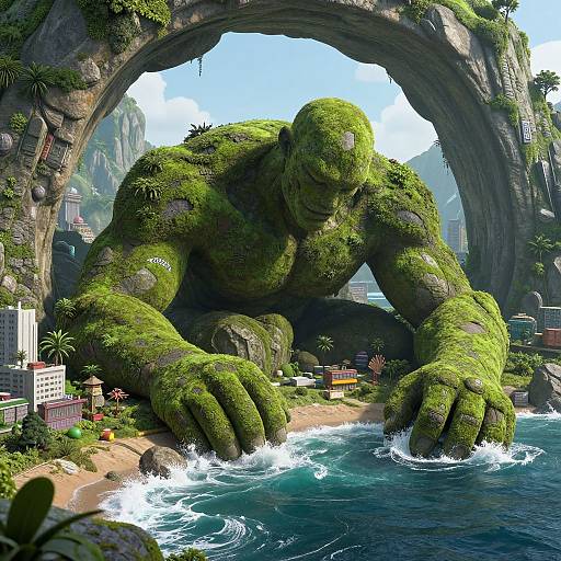 CGI fantasy scene of a massive, moss-covered giant crouching at a beach entrance, surrounded by lush vegetation, small buildings, and crashing waves
