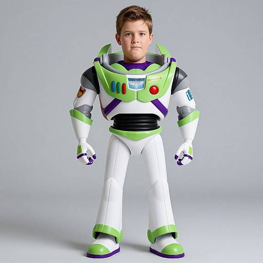 Photograph of a young boy in a green and white Buzz Lightyear costume, standing against a plain gray background. He has short brown hair and a