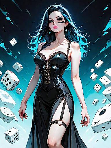 Edgy Woman in Strappy Black Maxi Dress with Floating Dice