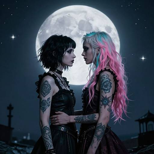 Photograph-style digital art: Two tattooed, gothic women with black and pink hair, facing each other, under a glowing full moon.