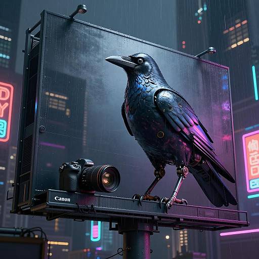 Cyberpunk Crow Robot in Neon City