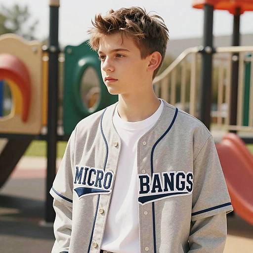 Photograph of a young Caucasian boy with short, tousled brown hair, wearing a gray 