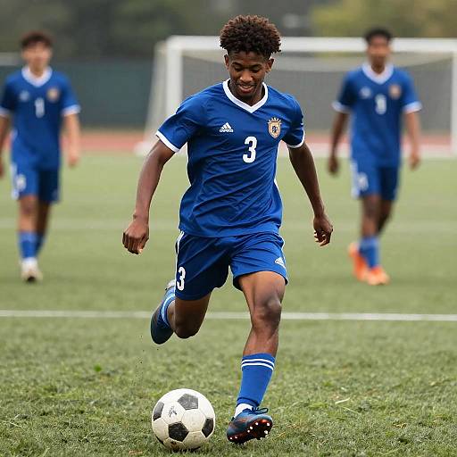 Photograph of a young Black male soccer player in blue jersey and shorts, number 3, dribbling a soccer ball on a grass field, with