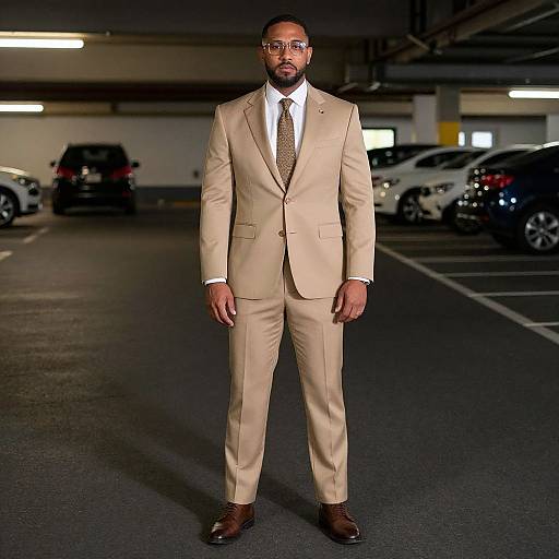 Photograph of a Black man with a beard, glasses, and medium build, wearing a beige suit, white shirt, and brown shoes, standing in