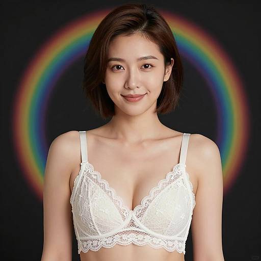 Asian Woman in White Lace Bra with Rainbow Light Arc