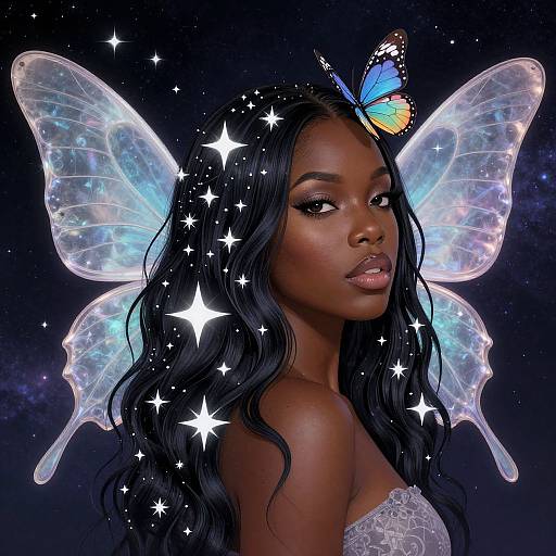 Digital artwork of a dark-skinned woman with long black hair, glowing butterfly wings, and a blue butterfly on her head, set against a starry