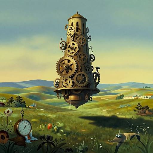 Surreal digital art: floating steampunk clock tower with gears over rolling green hills, clock in foreground, bird in bottom right.