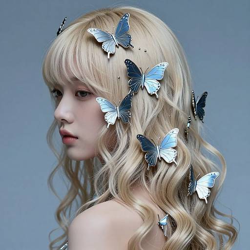 Photograph of a pale-skinned, blonde woman with wavy hair, surrounded by blue and white butterflies, against a gradient blue background.