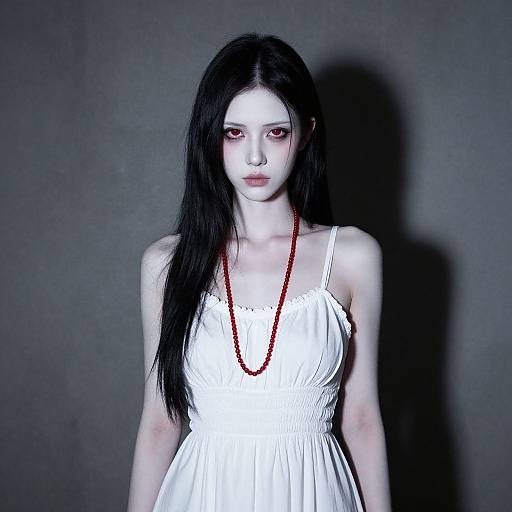 Photograph of pale, gothic woman with long black hair, red eyes, wearing white dress and red bead necklace, against dark background.