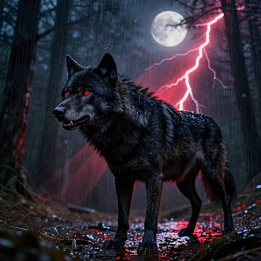 Photograph-style digital artwork of a wet, dark-furred wolf with glowing red eyes, standing in a rain-soaked forest, illuminated by a full