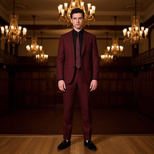 Photograph of a handsome man with short dark hair, in a maroon suit, black shirt, and black shoes, standing in an opulent ball