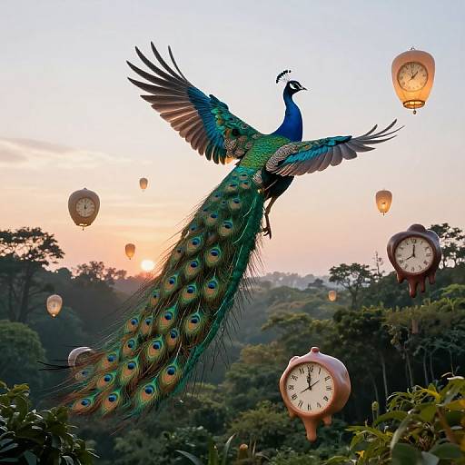 Photograph of a majestic peacock with iridescent blue-green feathers soaring amidst floating lanterns and clock ornaments against a sunset forest background.