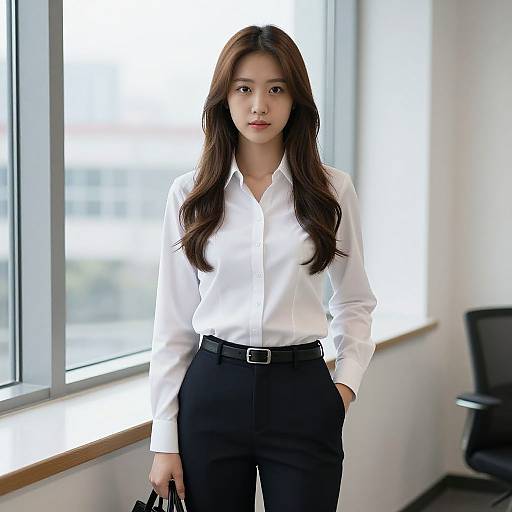 Photograph of a serious Asian woman with long brown hair, wearing a white button-up shirt and black pants, standing by a bright window in a modern