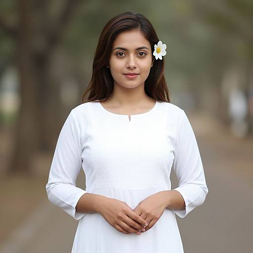 Photograph of a young South Asian woman with medium skin tone, dark hair, and a white daisy in her hair, wearing a plain white long
