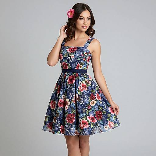 Photograph of a young woman with medium brown skin and wavy dark brown hair, wearing a floral blue dress, pink flower hairpin, standing against