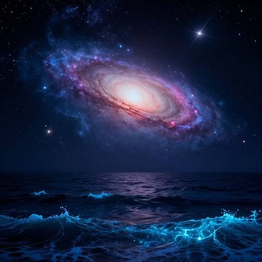 Digital artwork of a glowing spiral galaxy over a dark, star-studded night sky, with vivid blue ocean waves reflecting starlight below.