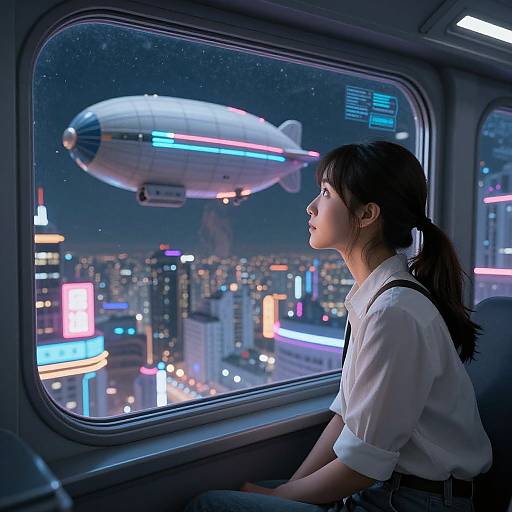 Futuristic Airship Over Neon City