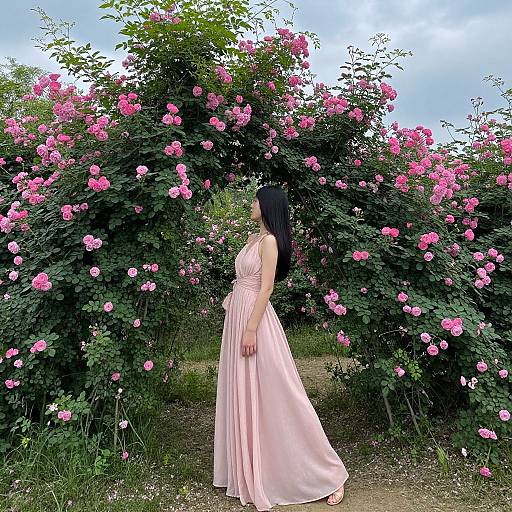 Photograph of a woman with long black hair in a flowing pink gown, standing in front of a lush pink rose bush arch.