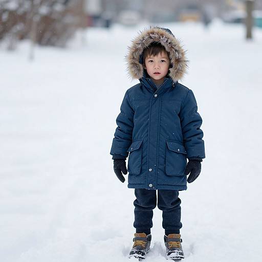 Photograph of a young child in a dark blue winter coat with a fur-trimmed hood, standing in a snowy landscape.
