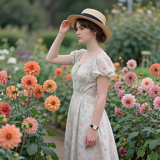 Photograph of a fair-skinned woman with brown hair, wearing a floral dress and straw hat, standing in a vibrant garden filled with orange and pink