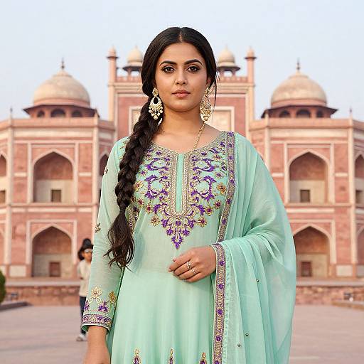 Photograph of an Indian woman with long black hair in a braid, wearing a light green embroidered traditional dress, standing in front of a pink M