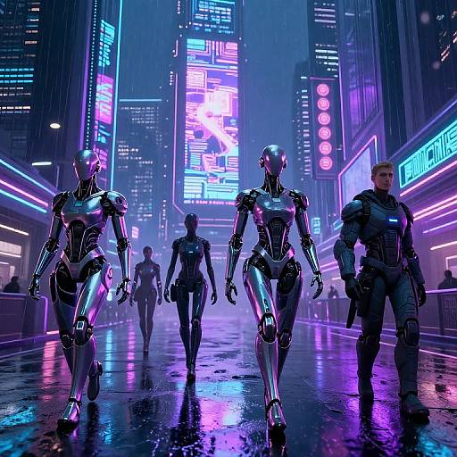 Futuristic Androids in Neon Cyberpunk City