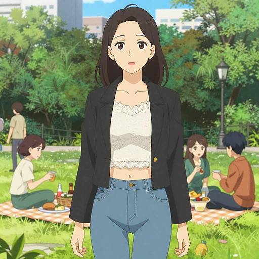 Anime-style digital drawing of a black-haired woman in a black jacket and white lace top, standing in a sunny park with people picnicking in the