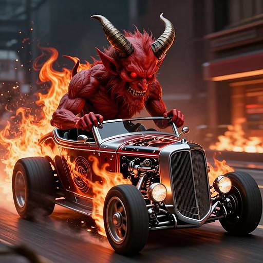 Digital artwork of a muscular, red demon with horns driving a blazing, classic car on a city street at night.