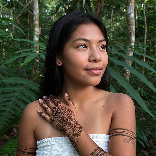 Photograph of a young Asian woman with black hair, brown henna hand patterns, wearing a white strapless top, smiling in a lush green forest