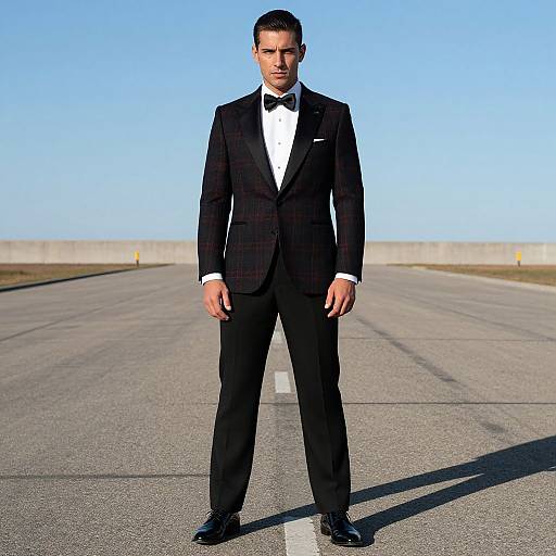 Photograph of a tall, handsome man in a black tuxedo with a white shirt and black bow tie, standing on an empty road under a