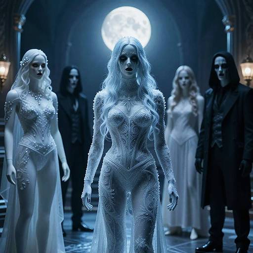 Digital artwork: A glowing, white-haired woman in intricate, translucent armor stands center, illuminated by a full moon, surrounded by shadowy figures in go